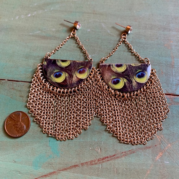 Such Fun - Large Peacock Gold Chain Fringe Post Earrings - Drag Queen Earrings - Picture 2 of 7
